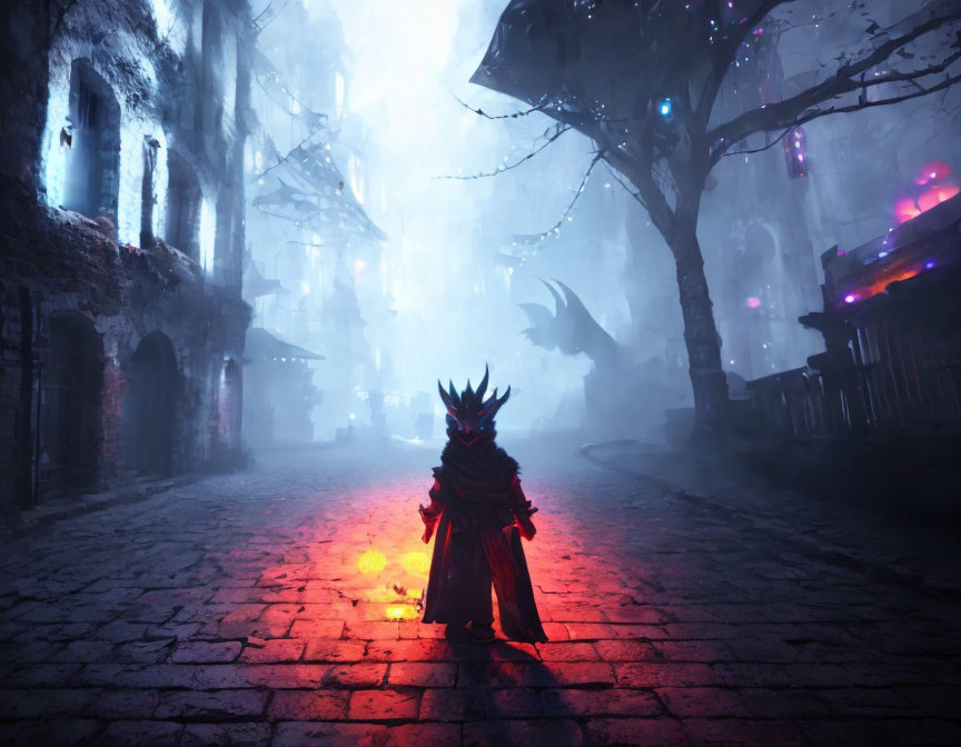 Glowing-eyed cloaked figure in eerie fantasy scene