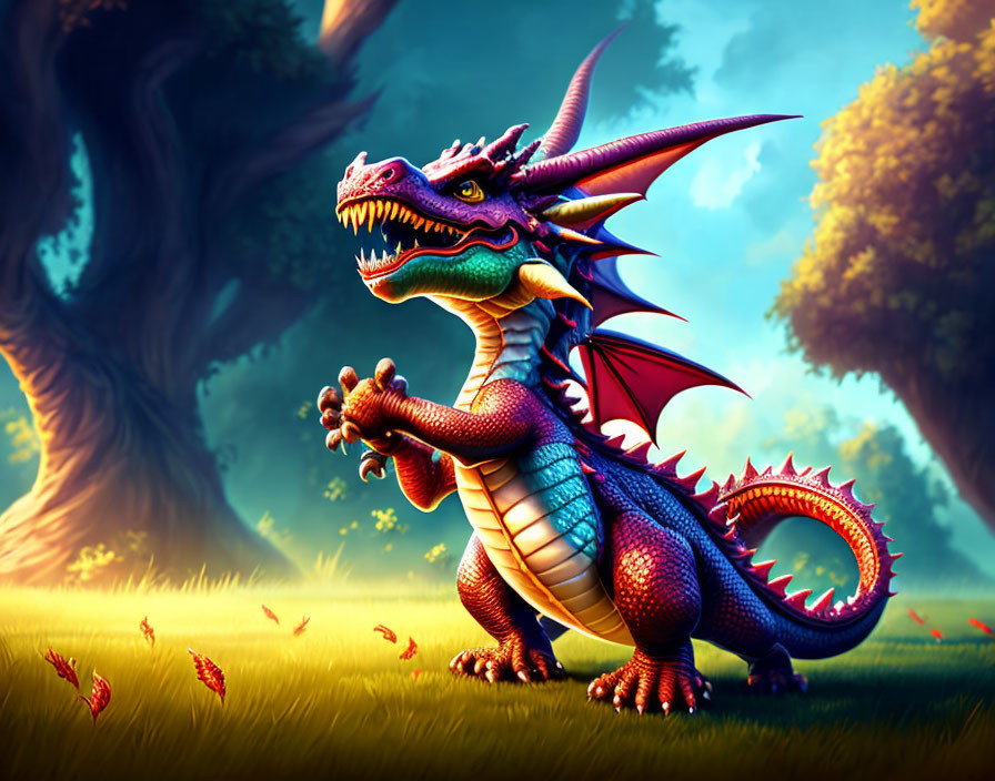 Colorful Dragon Illustration in Fantasy Forest Setting