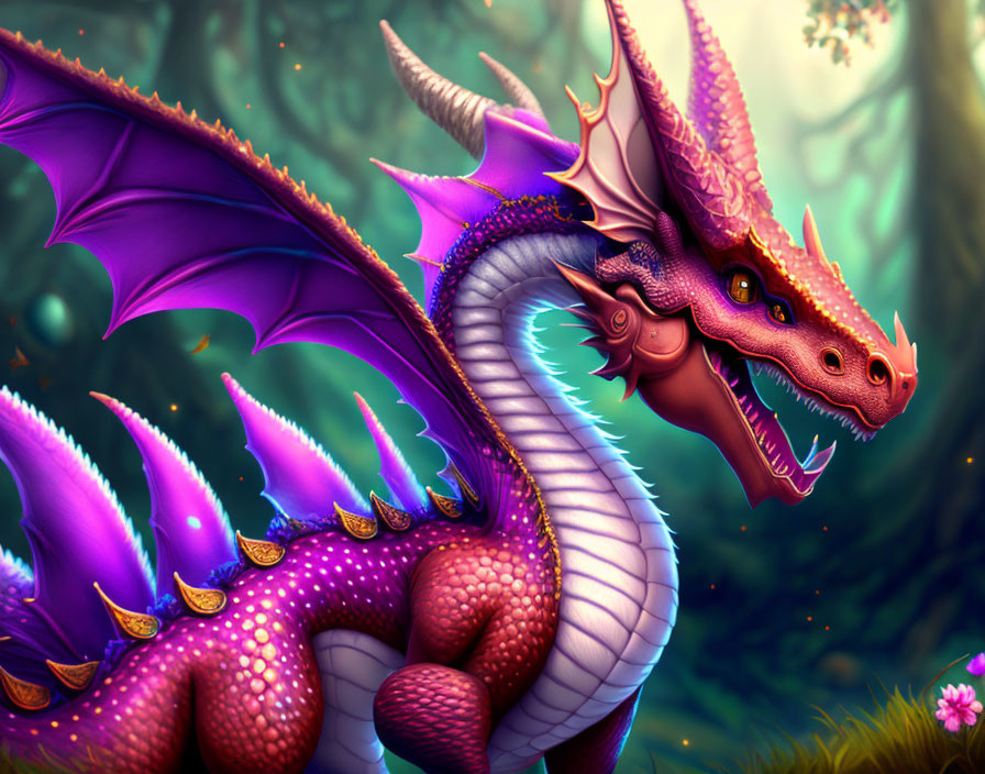 Colorful Purple and Pink Dragon with Majestic Wings in Enchanting Forest