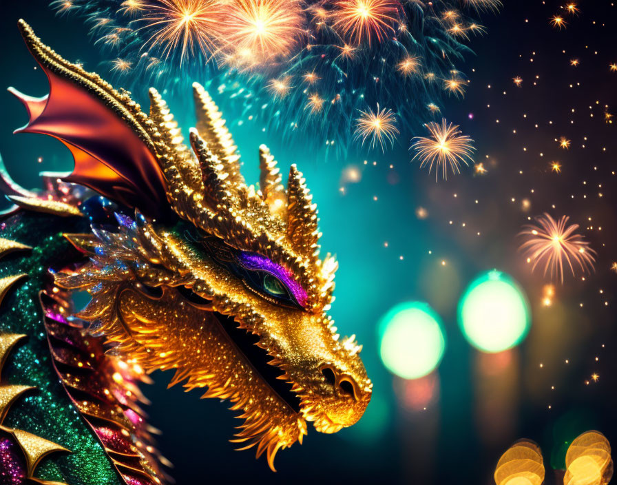 Golden dragon with intricate details and shimmering scales in fireworks backdrop