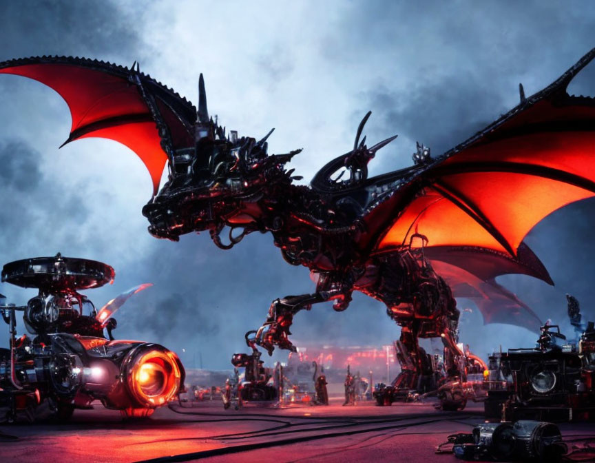 Mechanical dragon with red glowing wings in futuristic setting at dusk