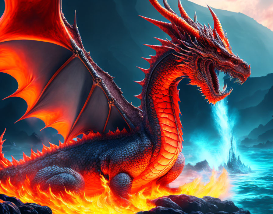 Red dragon with glowing eyes and fiery breath near rocky cliff and tumultuous sea