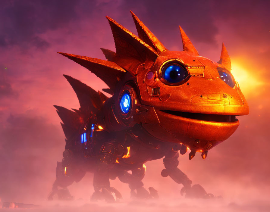 Robotic dragon with blue glowing eyes in purple and orange futuristic fantasy scene
