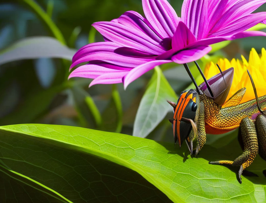 Colorful Grasshopper on Green Leaf with Purple and Yellow Flower