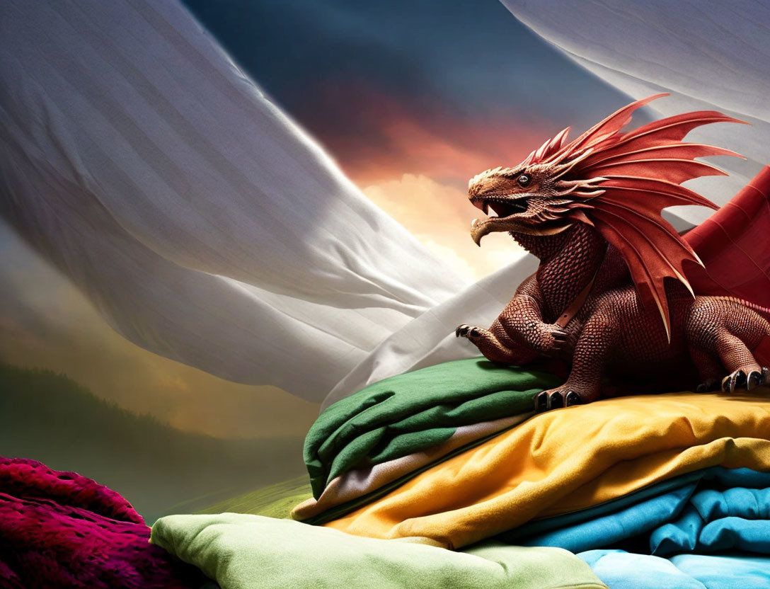 Majestic red dragon on colorful fabrics with dramatic sky backdrop