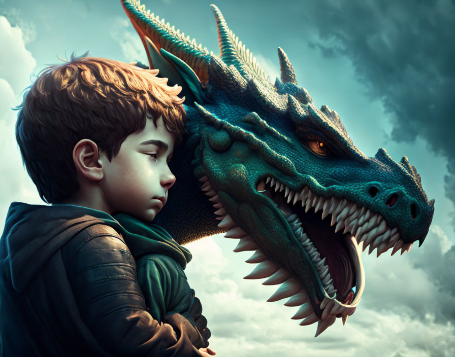 Young boy bonding with large greenish dragon under dramatic sky