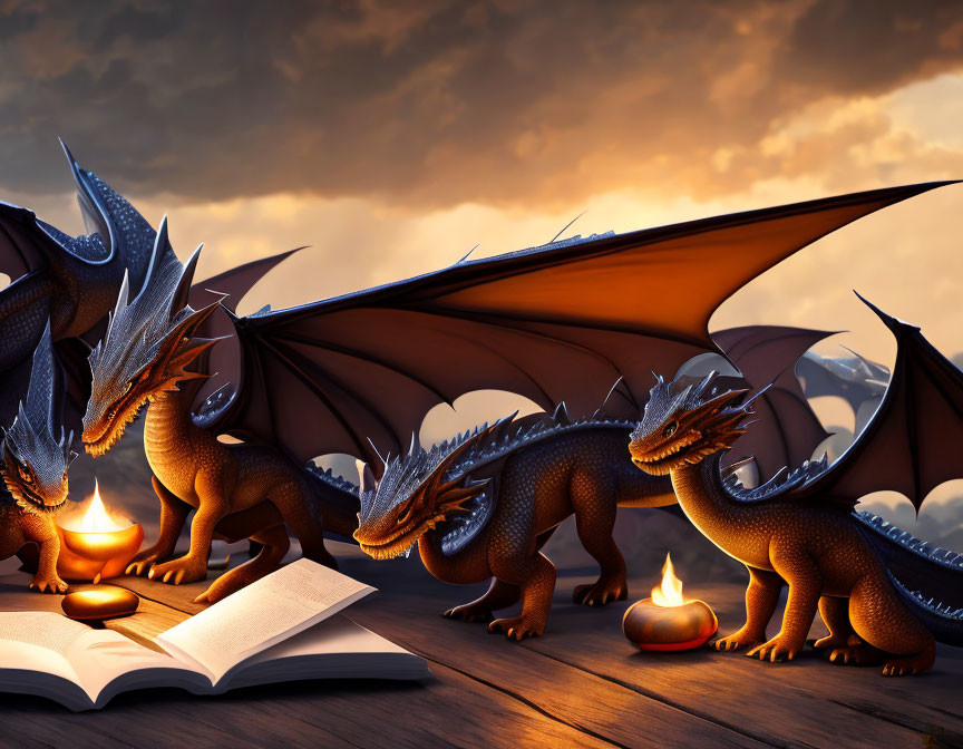 Animated dragons around open book with candles at dusk
