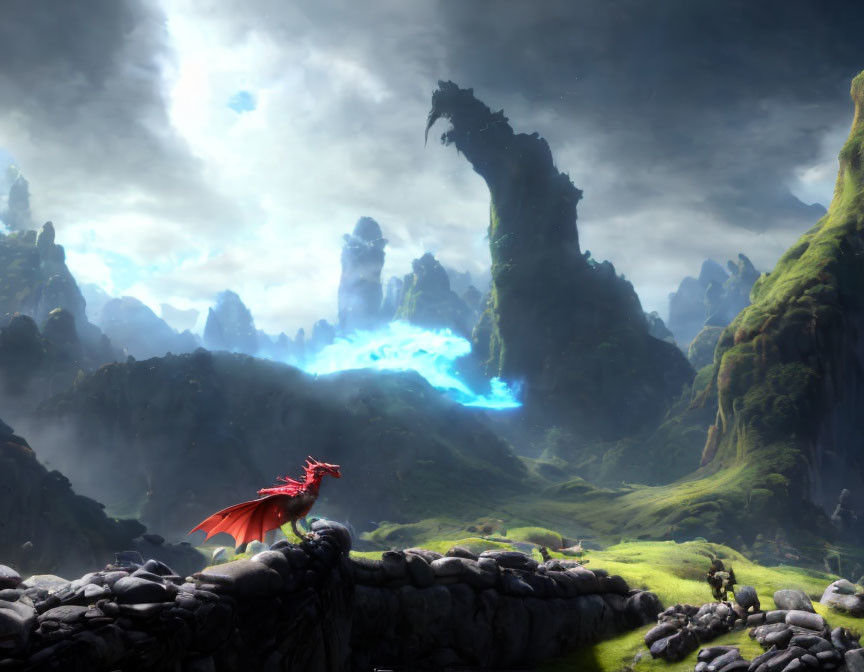 Red Dragon Perched on Stone Wall Overlooking Mystical Valley