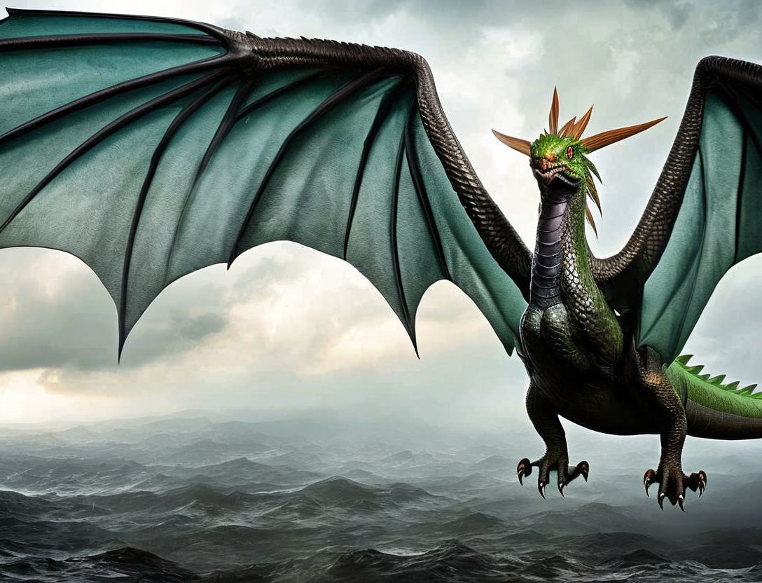 Majestic green dragon with expansive wings and horns above stormy ocean waves