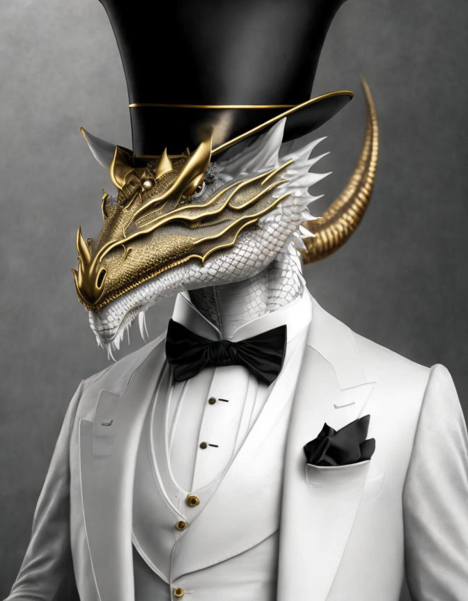 Dragon-headed figure in white suit, black bow tie, and top hat on grey background