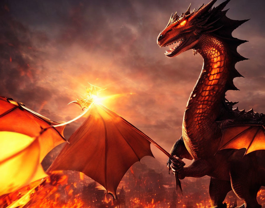 Majestic dragon breathing fire against fiery sky backdrop.