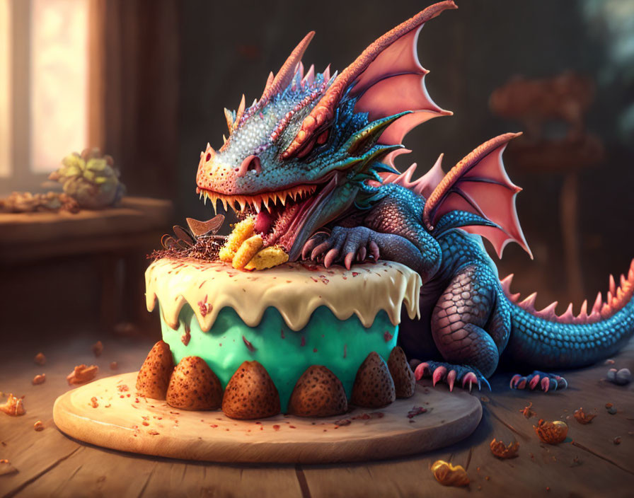 Colorful Cartoon-Style Dragon Eating Cake on Wooden Board