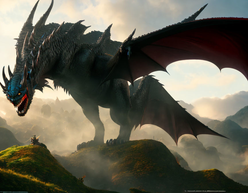 Enormous dragon on hillock with spread wings and misty mountains.