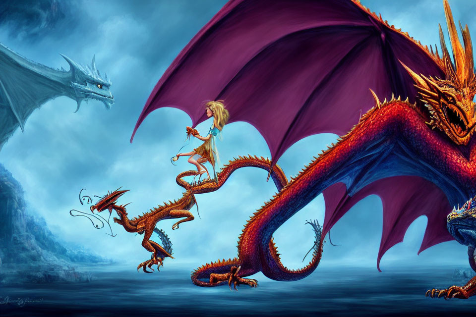 Brave warrior confronts red and blue dragons in misty landscape