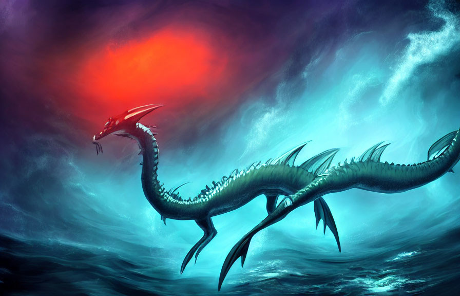 Majestic sea serpent in red and blue sky landscape