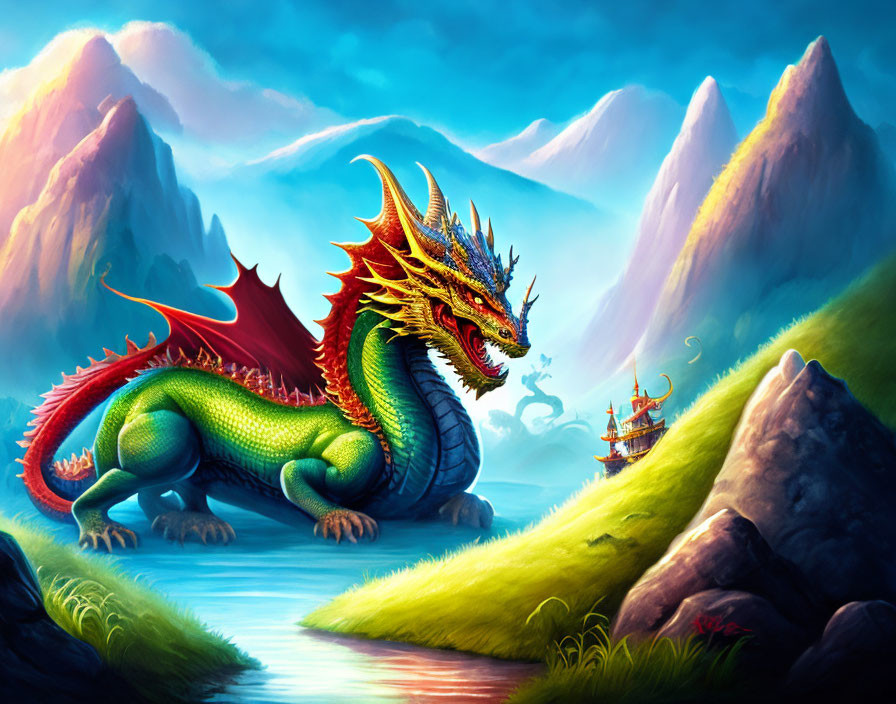 Colorful dragon by waterway with ship and mountains