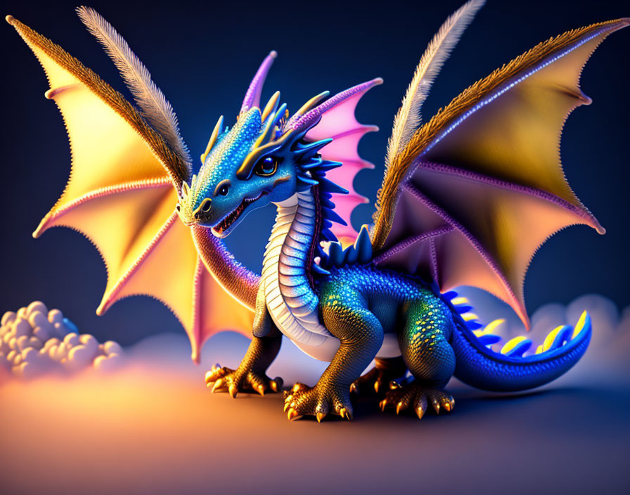 Blue and Gold Dragon Illustration with Expansive Wings