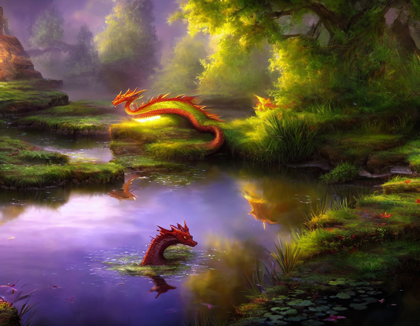 Colorful Mythical Dragon in Misty Forest with Purple Pond