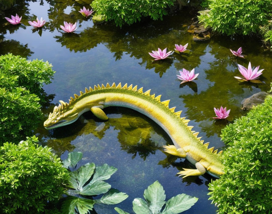 Colorful Garden Pond with Yellow Iguana Statue and Pink Water Lilies