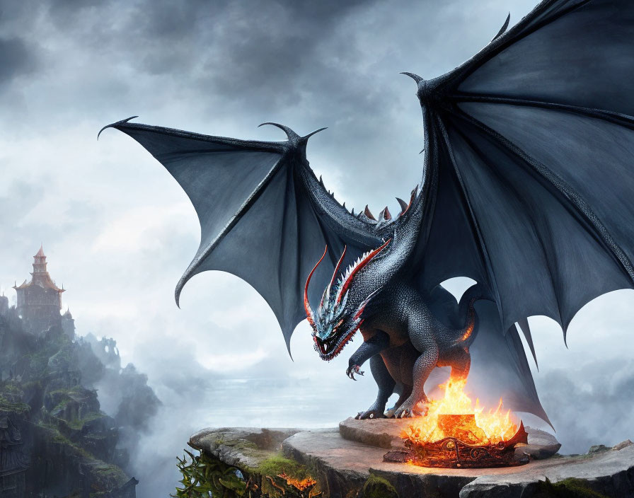 Black dragon breathing fire on cliff with castle in misty background