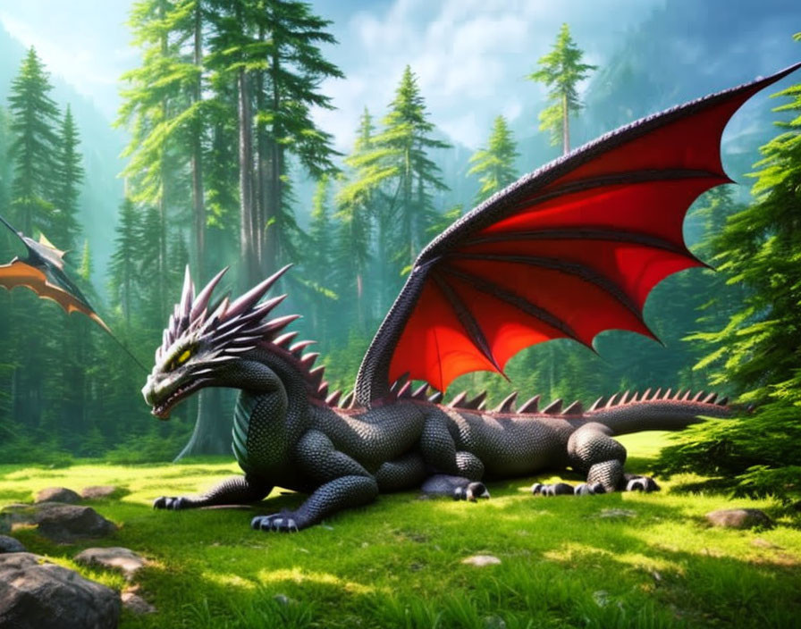 Black dragon with red wings in lush forest clearing