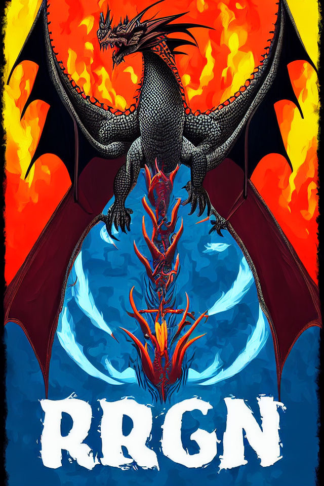 Fiery dragon with widespread wings and fierce expression above "RGN" word, flames and water in