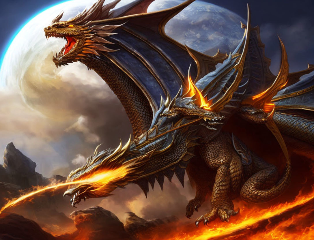 Fiery multi-headed dragon emerges from lava in fantasy sky