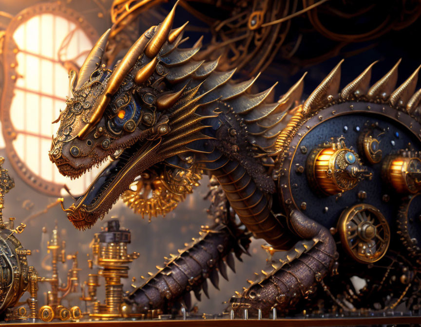 Detailed Steampunk Mechanical Dragon on Cog-Filled Background