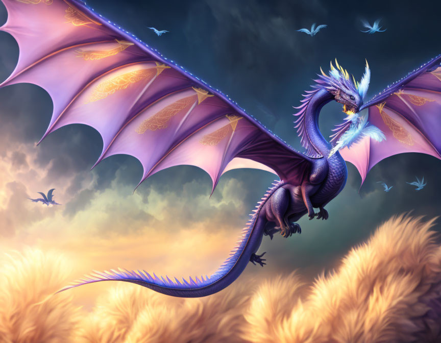 Purple Dragon with Expansive Wings in Dramatic Sky