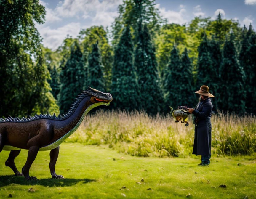Person in hat and coat with small dinosaur replica near life-sized dinosaur model in lush green park
