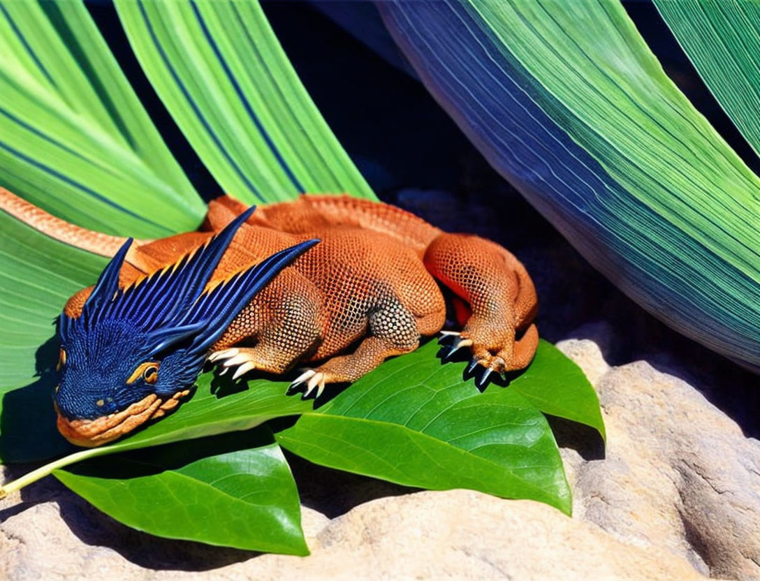 Colorful iguana with blue spines on green leaf with palm fronds.