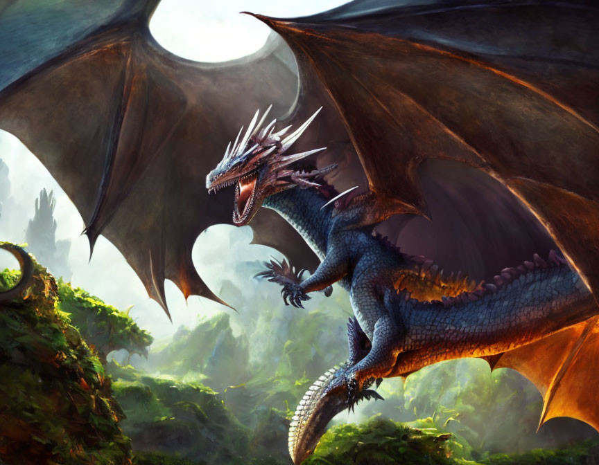 Majestic dragon with expansive wings in mystical forest