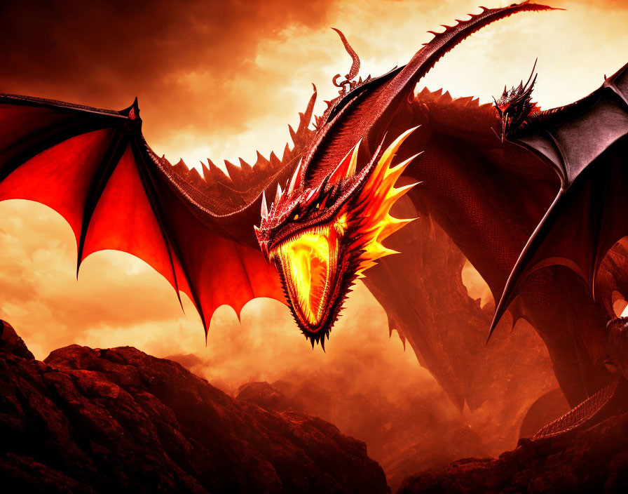 Two large dragons with extended wings flying over rocky terrain under a red and orange sky.