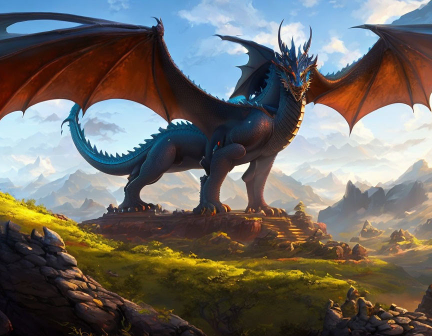 Blue Dragon Standing on Mountain Landscape under Bright Sky