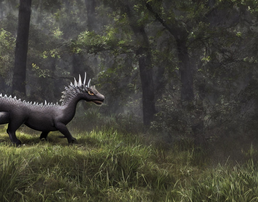 Dark-scaled dragon with spikes in misty forest landscape