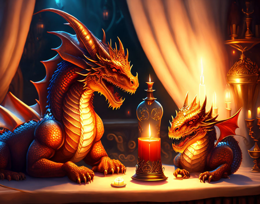 Intricate Dragons with Glowing Lantern in Candle-Lit Room
