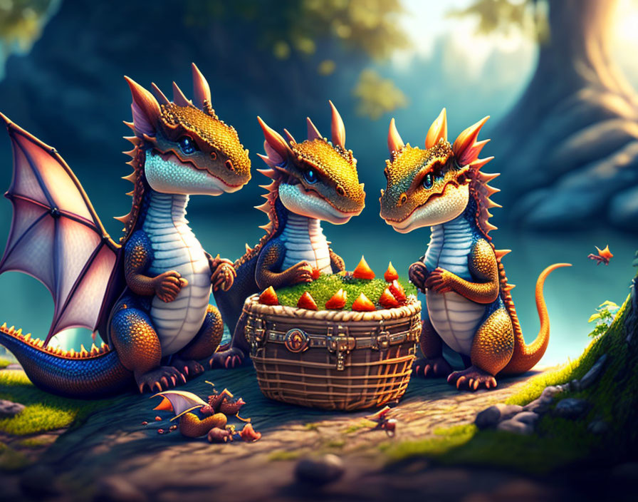 Three Cartoon Dragons with Strawberries in Enchanted Forest