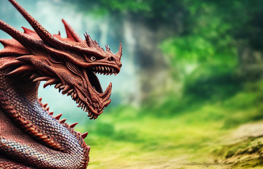 Vivid Red Dragon with Intricate Scales and Horns on Soft-Focused Background