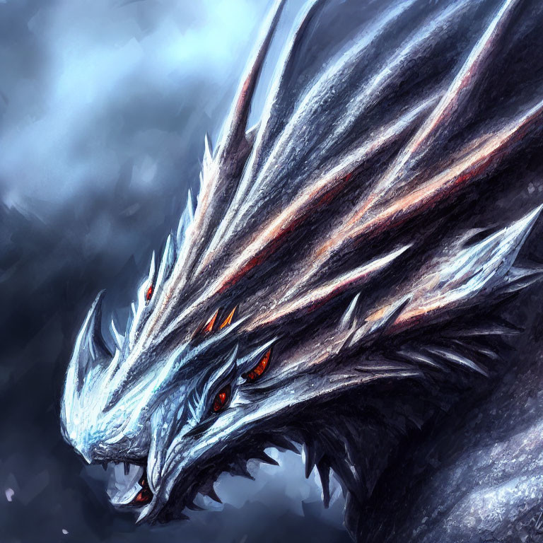 Majestic dragon with glowing red eyes and sharp spines in stormy sky