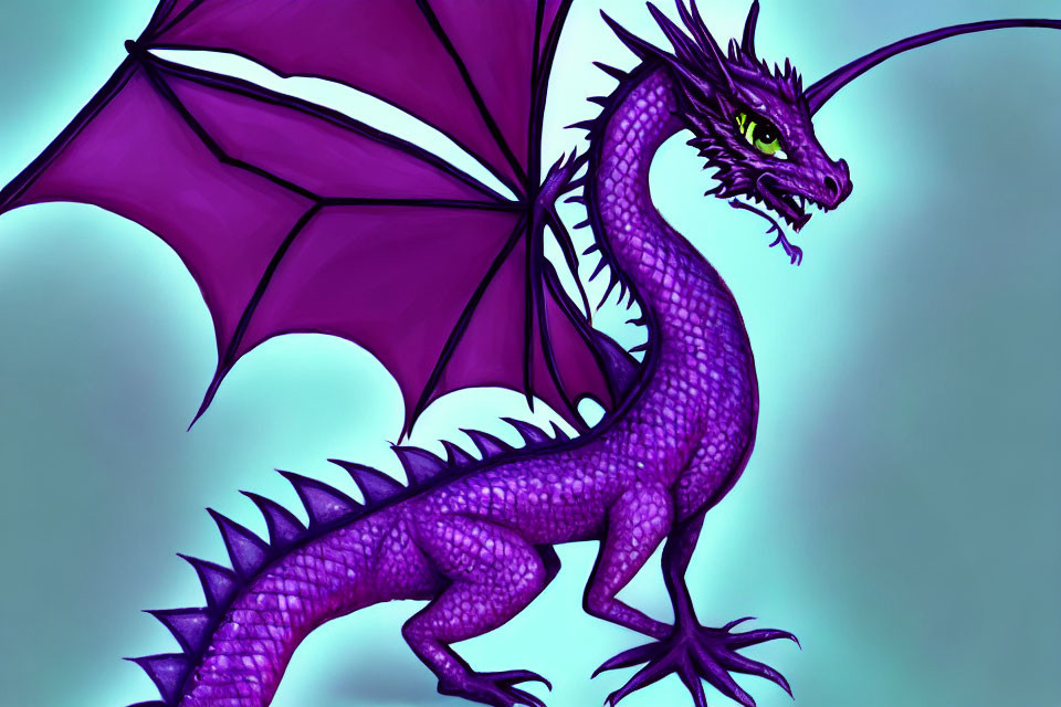 Purple dragon with green eyes and wings on teal background