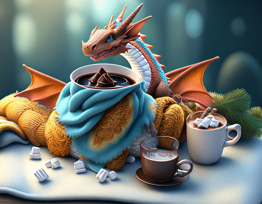 Dragon enjoying hot chocolate with marshmallows and cocoa in cozy setting