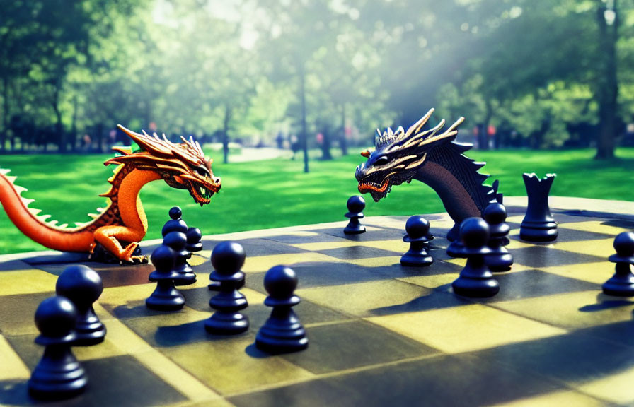 Intricately Designed Dragon Chess Pieces on Chessboard in Sunny Park