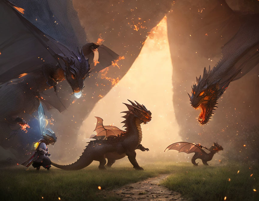 Knight confronting three dragons in fiery landscape with one breathing fire.