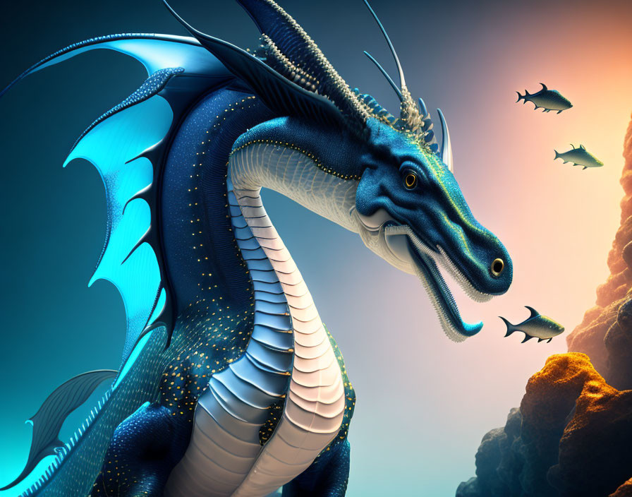 Blue dragon with vibrant wings in surreal aquatic scene