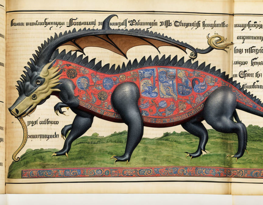 Patterned dragon illustration on manuscript background
