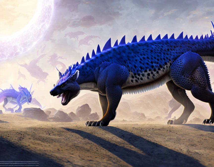 Digital Art: Blue Spiky Dragons in Desert Landscape with Dramatic Sky