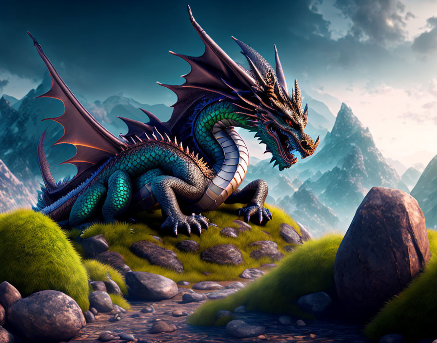 Blue and Green Scaled Dragon on Hill with Mountain Backdrop