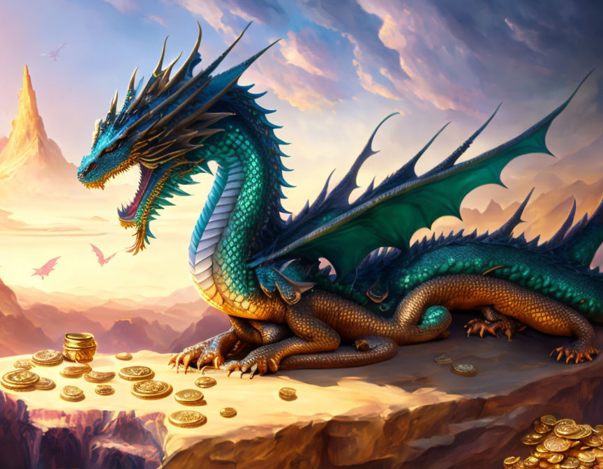Blue dragon on mountain with coins under pastel sky