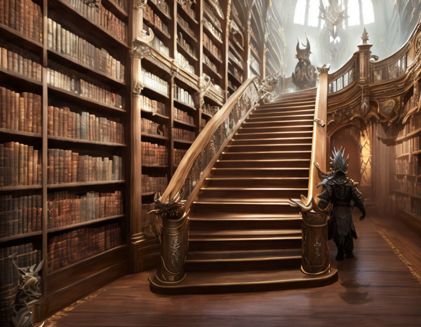 Majestic library with towering bookshelves and armored figure