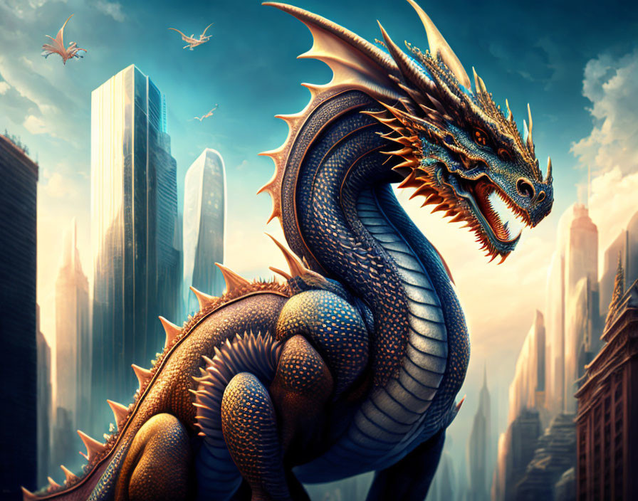 Majestic dragon over futuristic cityscape under dramatic sky
